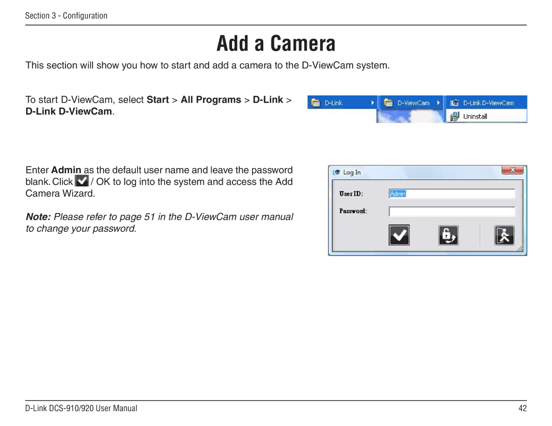 D-Link DCS-910/90 manual Add a Camera, Link D-ViewCam 