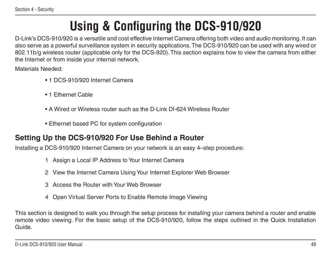 D-Link DCS-910/90 manual Using & Configuring the DCS-910/920, Setting Up the DCS-910/920 For Use Behind a Router 