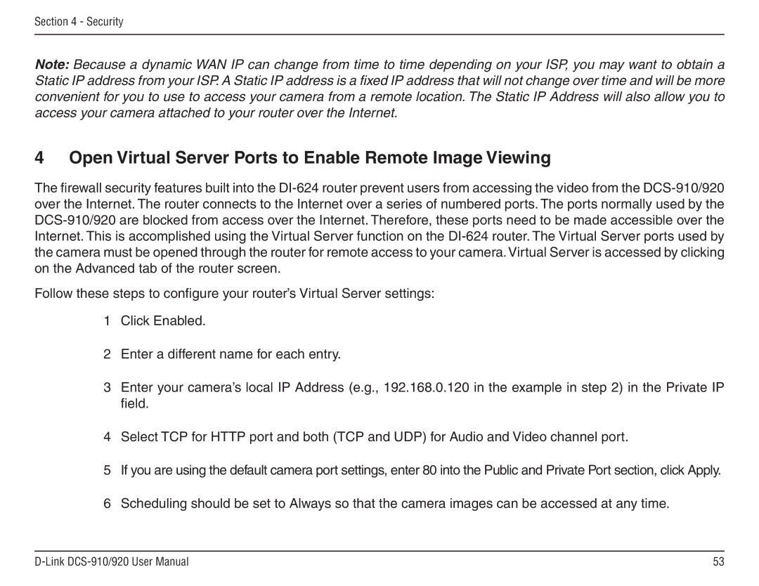 D-Link DCS-910/90 manual Open Virtual Server Ports to Enable Remote Image Viewing 