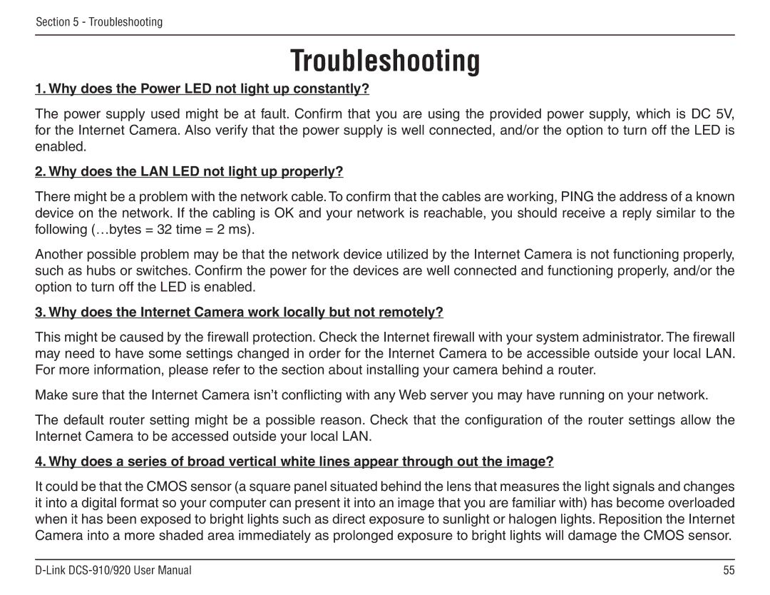 D-Link DCS-910/90 manual Troubleshooting, Why does the Power LED not light up constantly? 