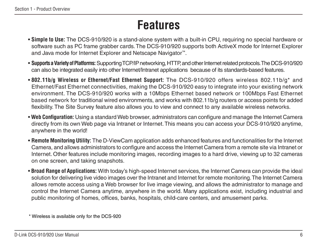 D-Link DCS-910/90 manual Features 