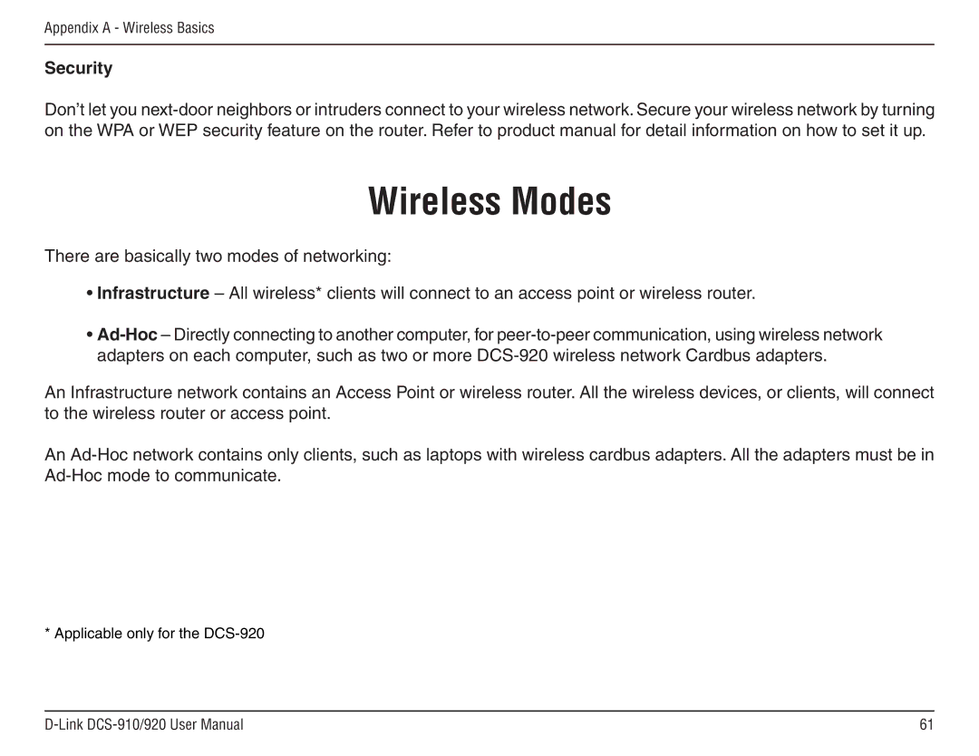 D-Link DCS-910/90 manual Wireless Modes, Security 