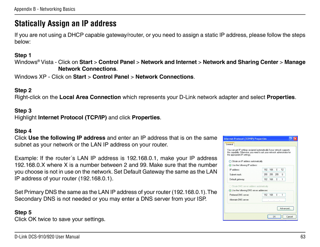 D-Link DCS-910/90 manual Step Highlight Internet Protocol TCP/IP and click Properties 