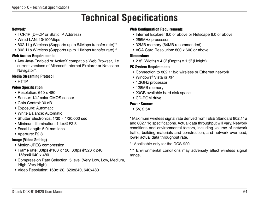 D-Link DCS-910/90 manual Technical Specifications, Network 