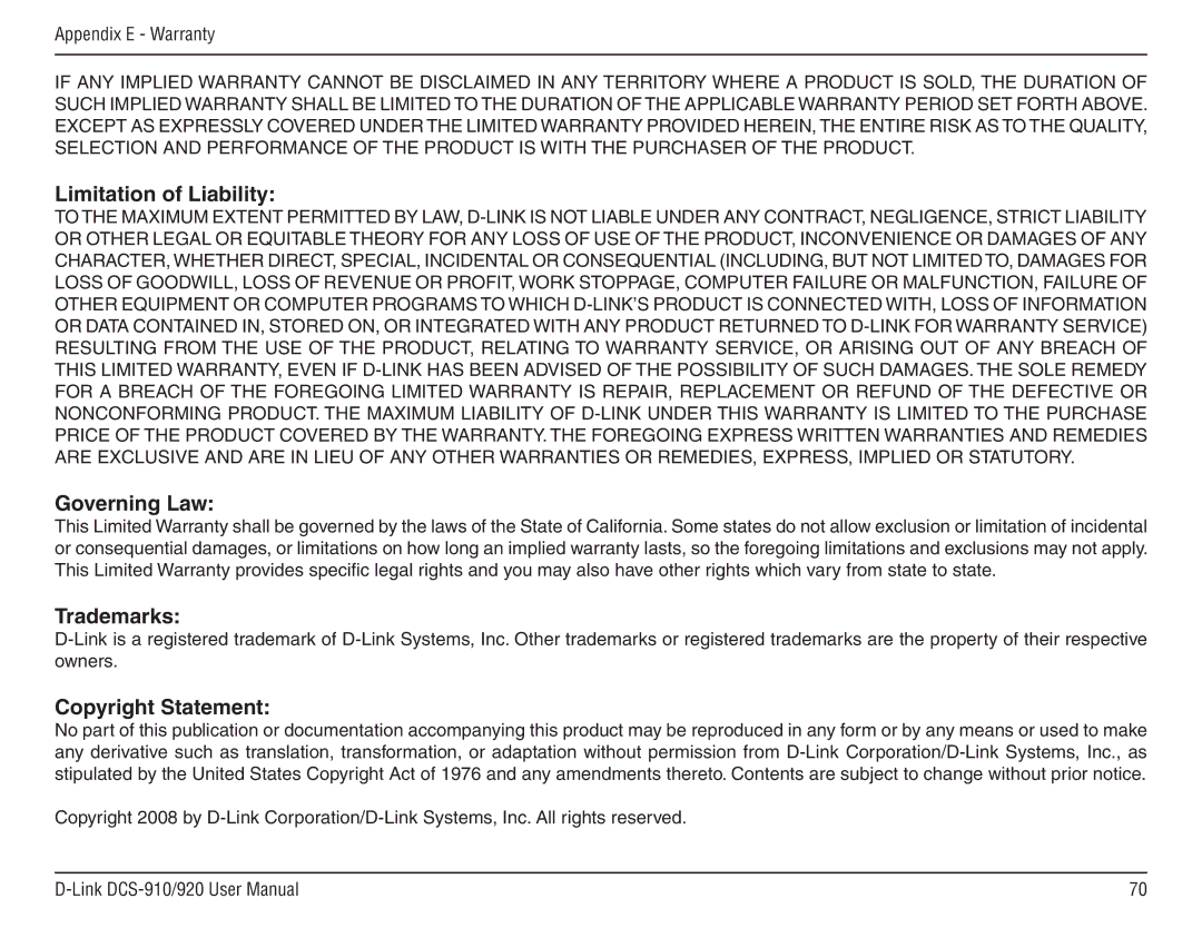 D-Link DCS-910/90 manual Limitation of Liability, Governing Law, Trademarks, Copyright Statement 