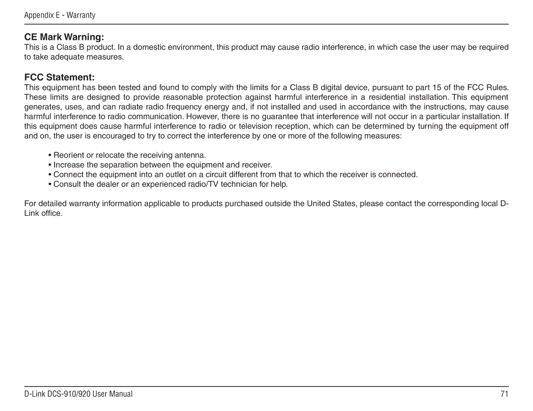 D-Link DCS-910/90 manual CE Mark Warning, FCC Statement 