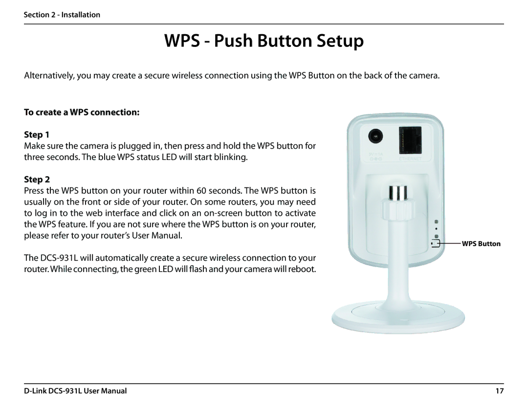 D-Link DCS-931L user manual WPS Push Button Setup, To create a WPS connection Step 