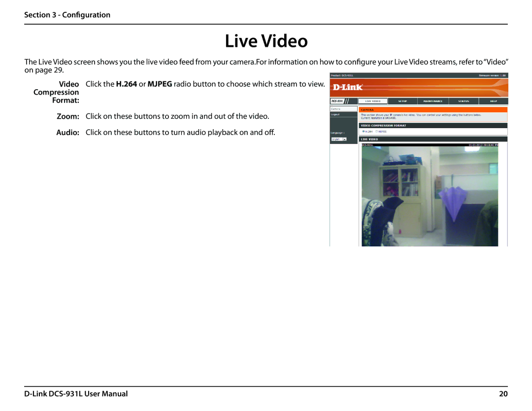 D-Link DCS-931L user manual Live Video, Compression Format 