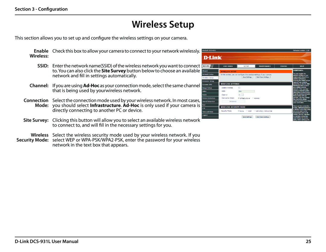 D-Link DCS-931L user manual Wireless Setup 