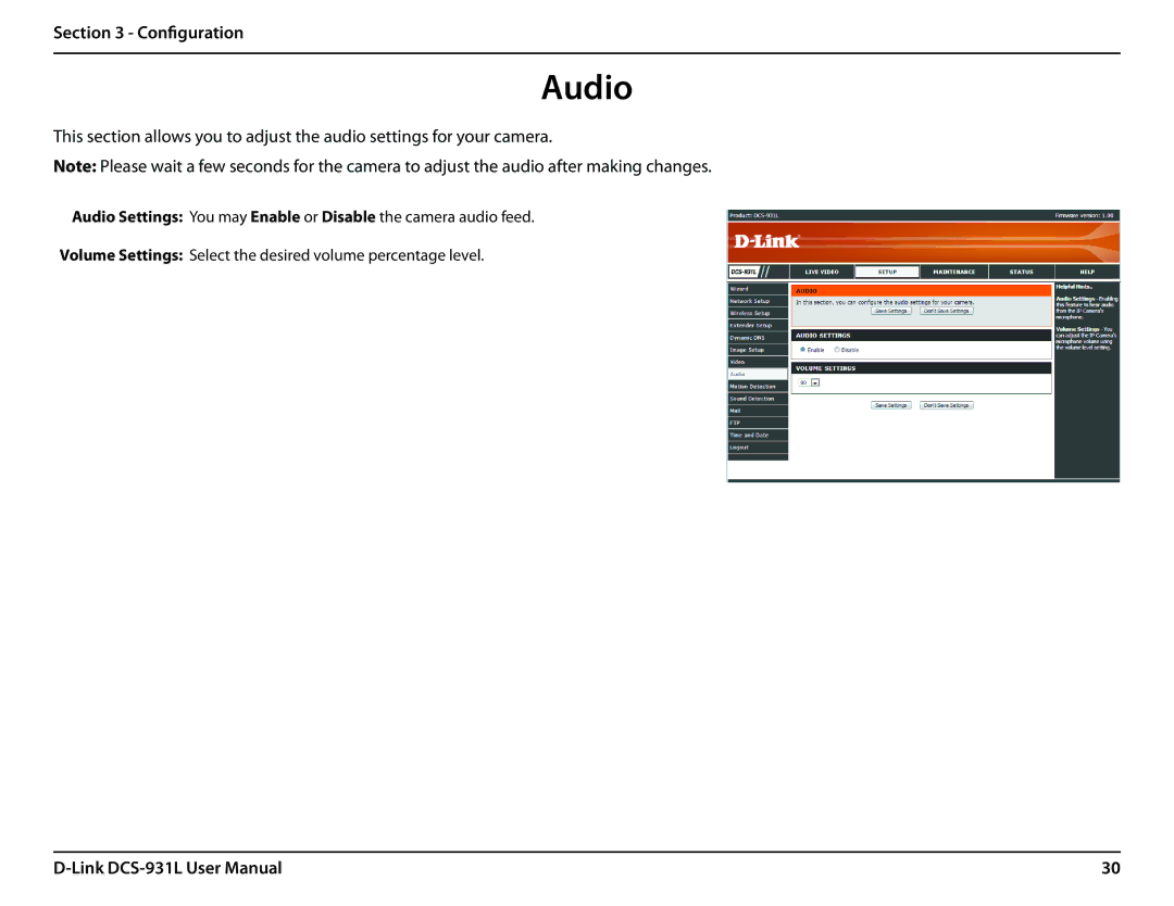 D-Link DCS-931L user manual Audio 