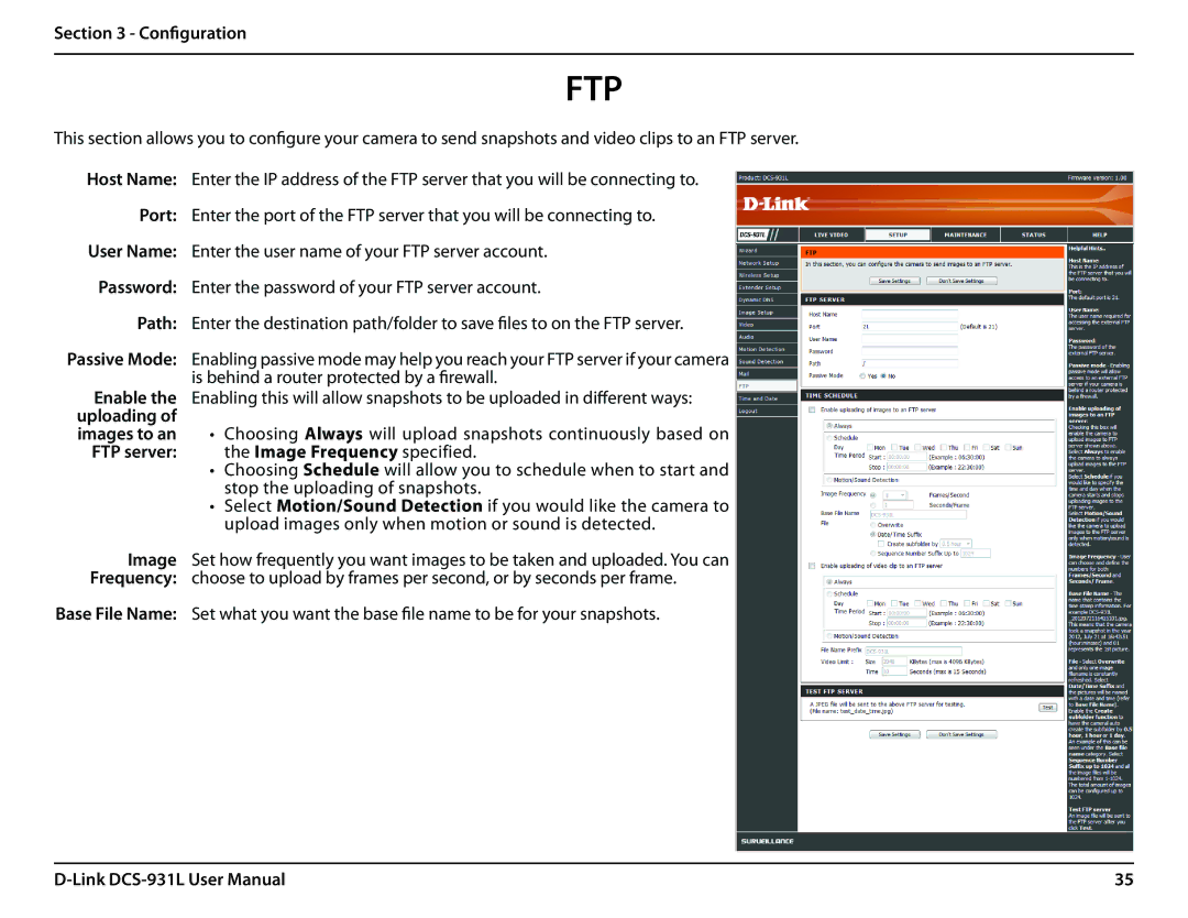 D-Link DCS-931L user manual Ftp, FTP server the Image Frequency specified 