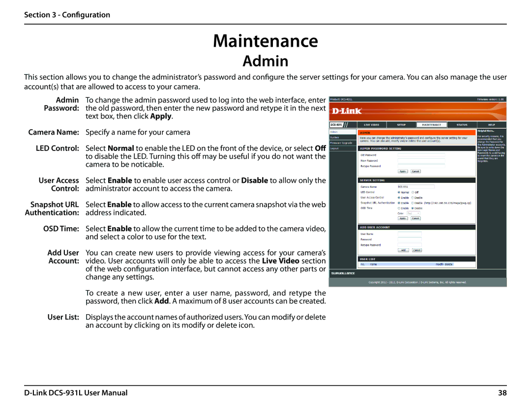 D-Link DCS-931L user manual Maintenance, Admin 