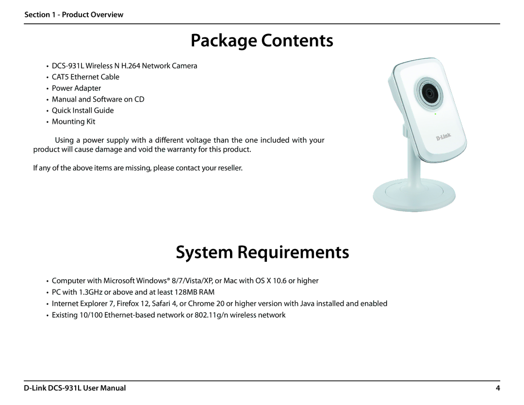 D-Link DCS-931L user manual ProductPackageOverviewContents 