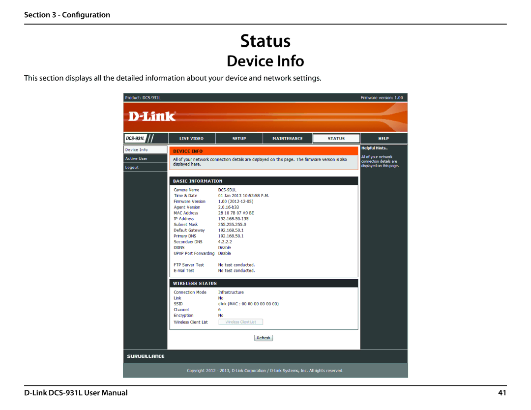 D-Link DCS-931L user manual Status, Device Info 