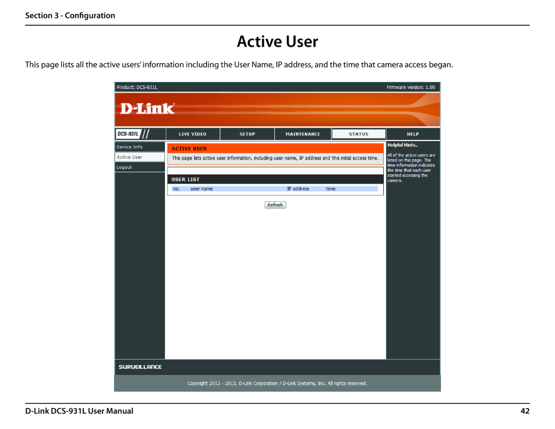 D-Link DCS-931L user manual Active User 