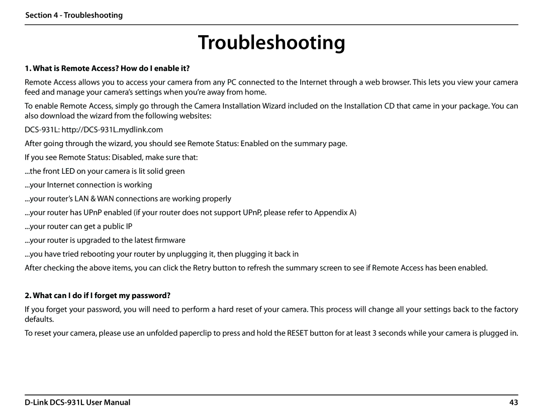 D-Link DCS-931L Troubleshooting, What is Remote Access? How do I enable it?, What can I do if I forget my password? 