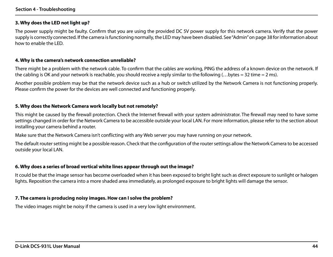 D-Link DCS-931L Troubleshooting Why does the LED not light up?, Why is the camera’s network connection unreliable? 