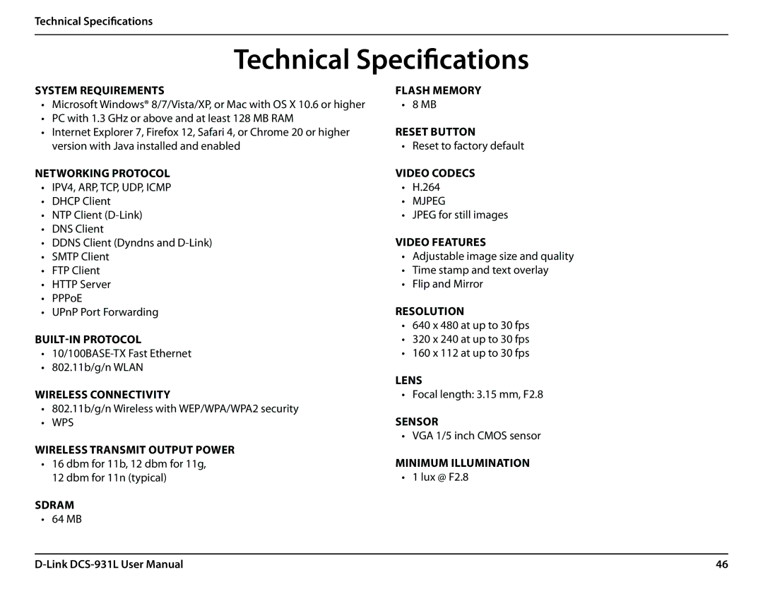 D-Link DCS-931L user manual Technical Specifications 