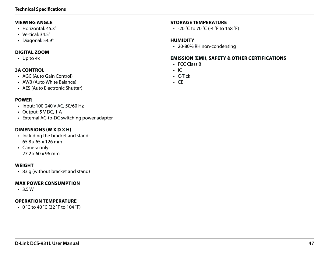 D-Link DCS-931L Technical Specifications Viewing Angle Storage Temperature, Humidity, Digital Zoom, 3A Control, Power 