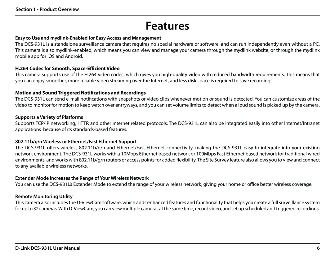 D-Link DCS-931L user manual Features 