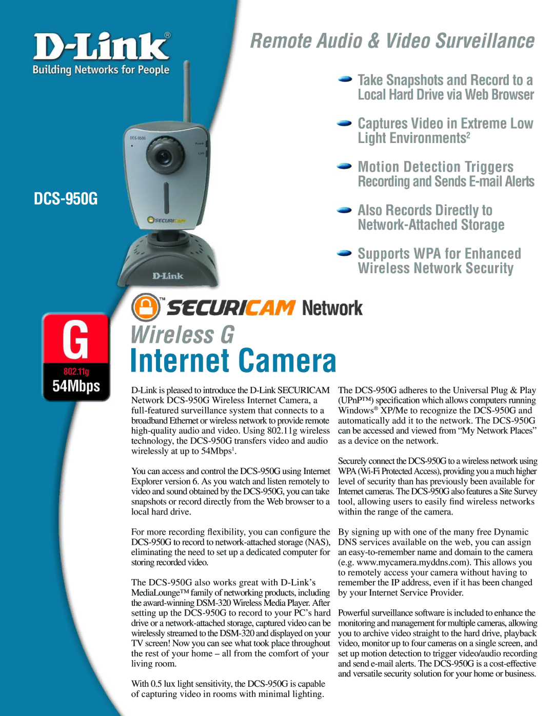 D-Link DCS-950G manual Internet Camera, Remote Audio & Video Surveillance 