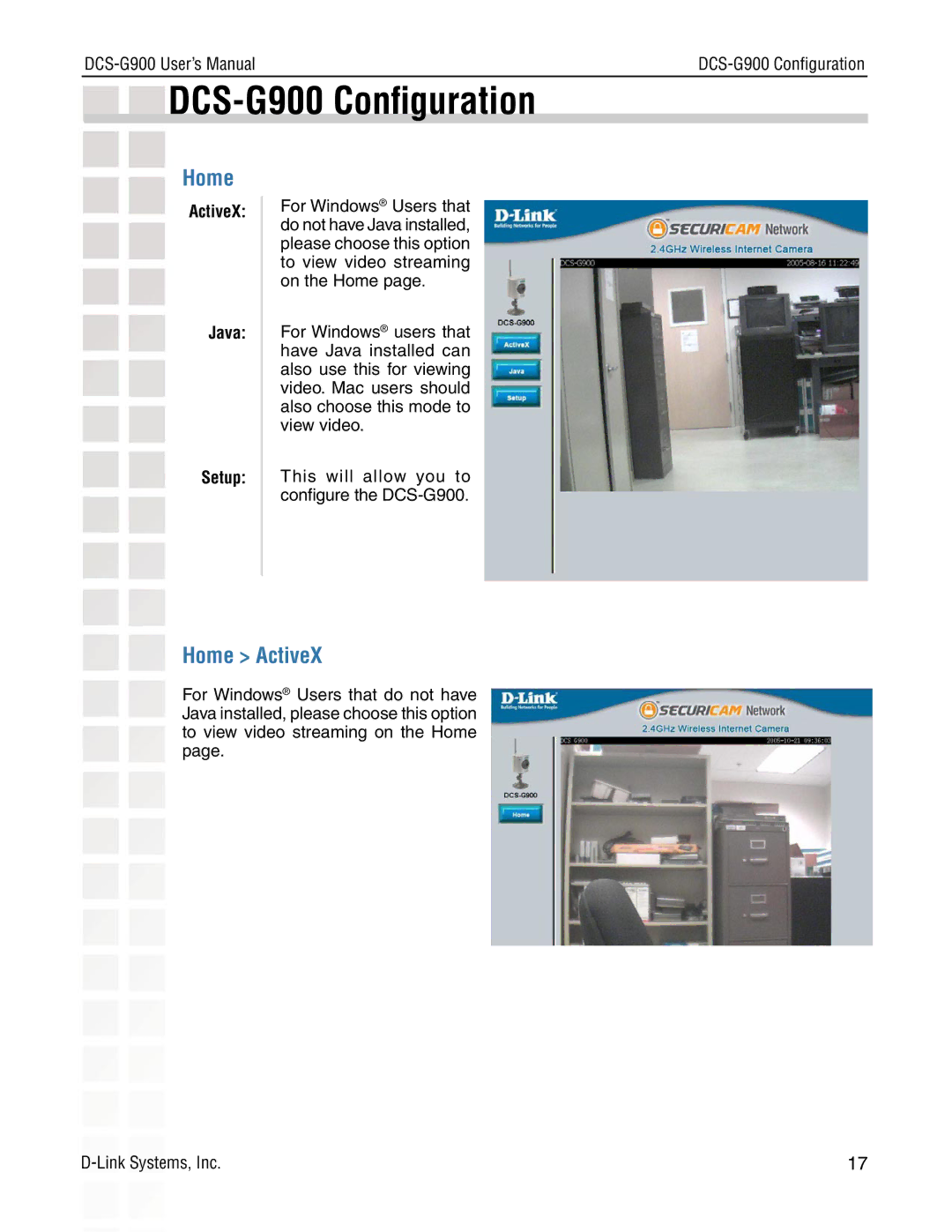 D-Link manual DCS-G900 Conﬁguration, Home ActiveX, ActiveX Java Setup 