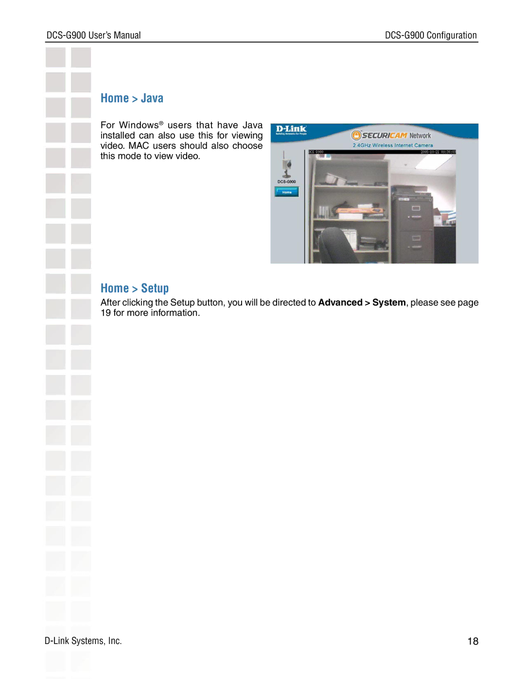 D-Link DCS-G900 manual Home Java, Home Setup 