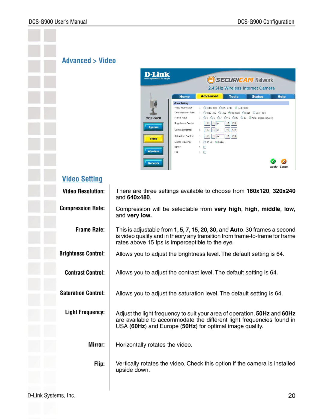 D-Link DCS-G900 manual Advanced Video Video Setting 