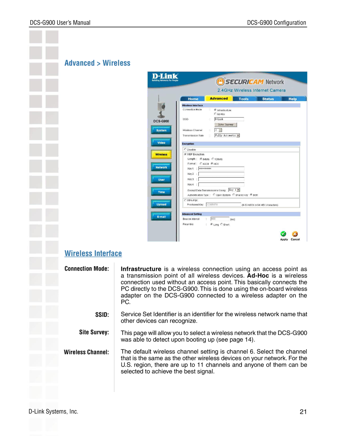 D-Link DCS-G900 manual Advanced Wireless Wireless Interface, Connection Mode, Site Survey Wireless Channel 