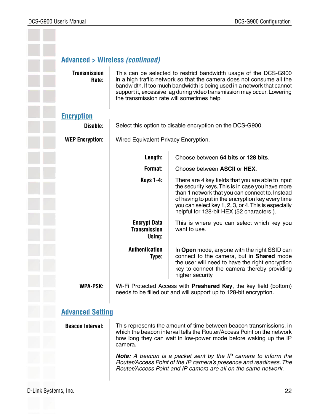 D-Link DCS-G900 manual Advanced Wireless, Encryption, Advanced Setting 