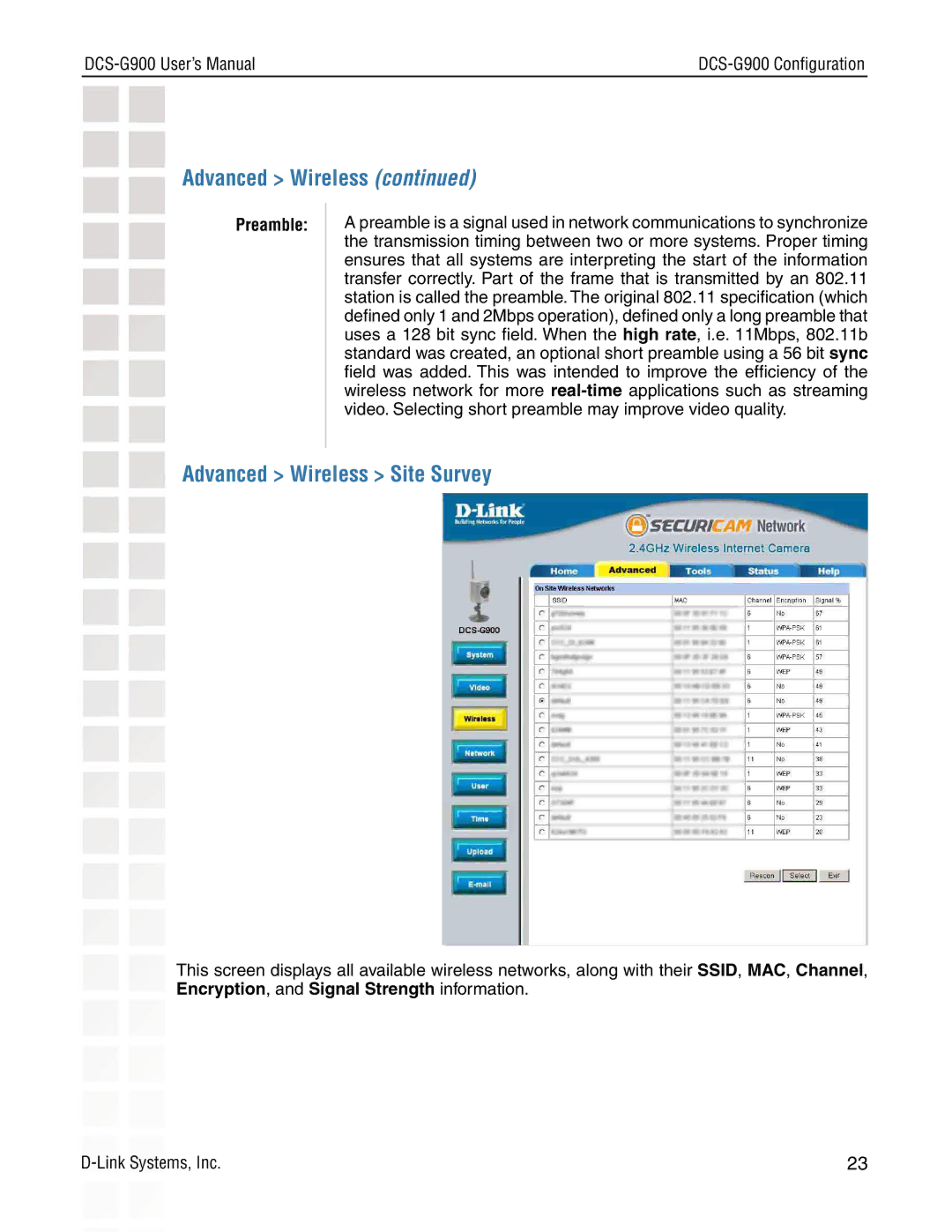 D-Link DCS-G900 manual Advanced Wireless Site Survey, Preamble 