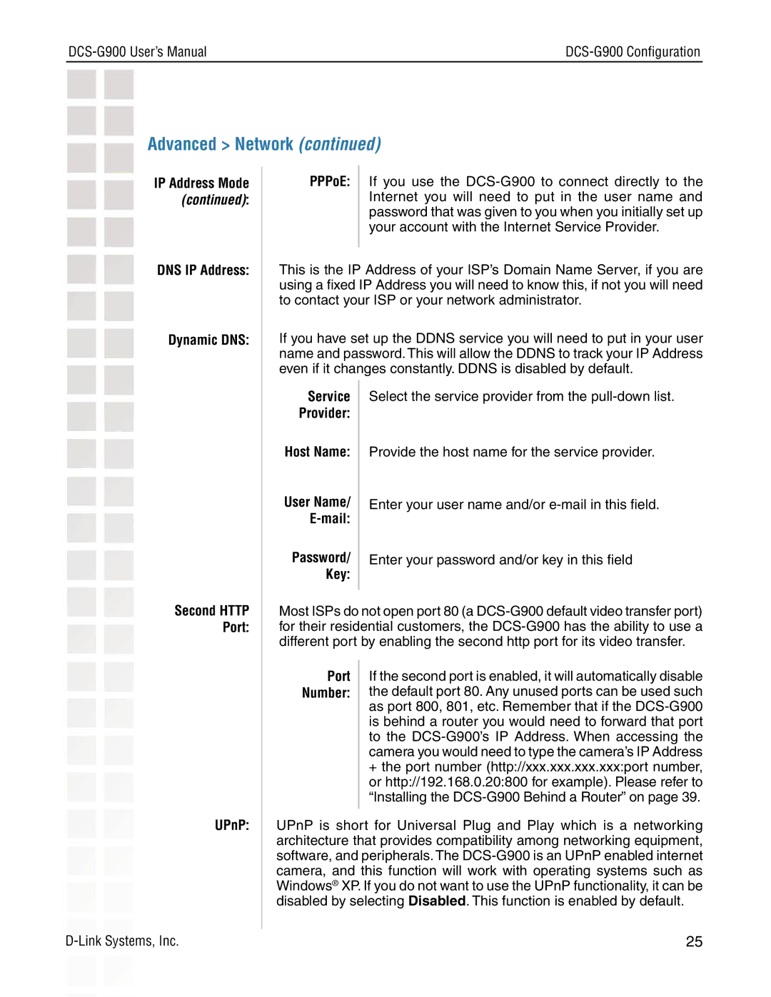 D-Link DCS-G900 manual IP Address Mode DNS IP Address Dynamic DNS, UPnP, Provider, Mail, Key 