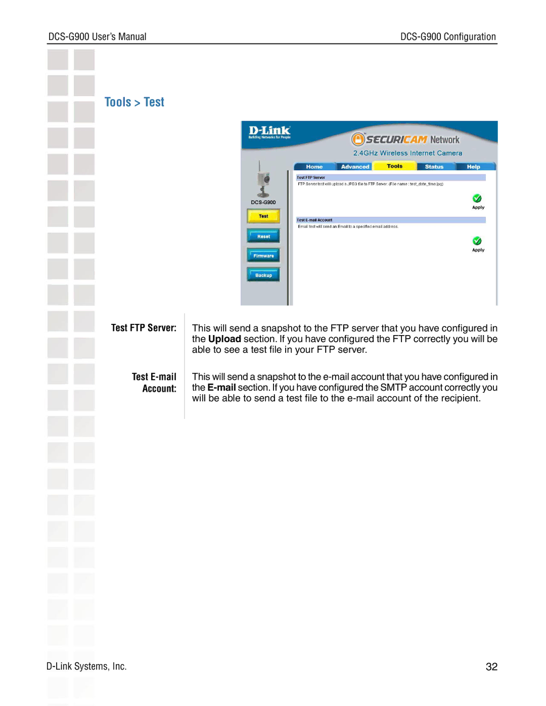 D-Link DCS-G900 manual Tools Test, Test E-mail Account 