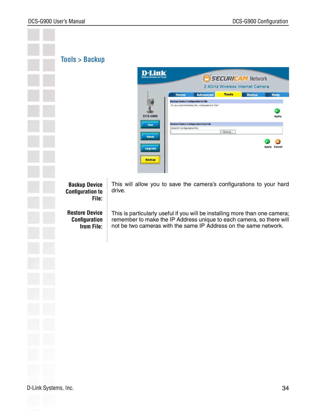 D-Link DCS-G900 manual Tools Backup, Restore Device Conﬁguration From File 