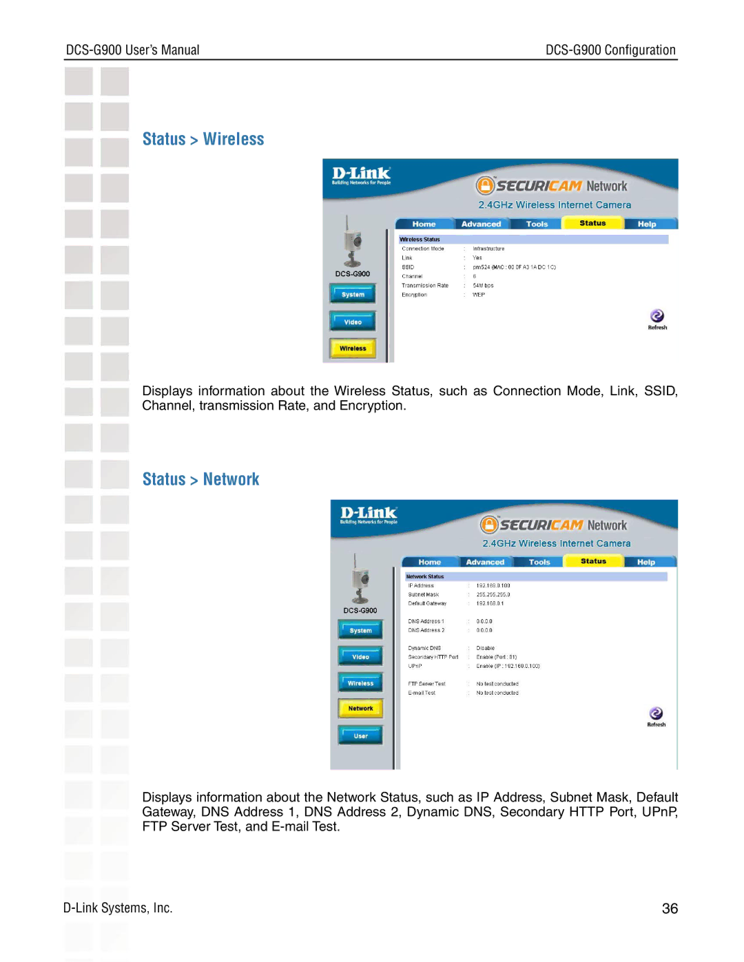 D-Link DCS-G900 manual Status Wireless, Status Network 