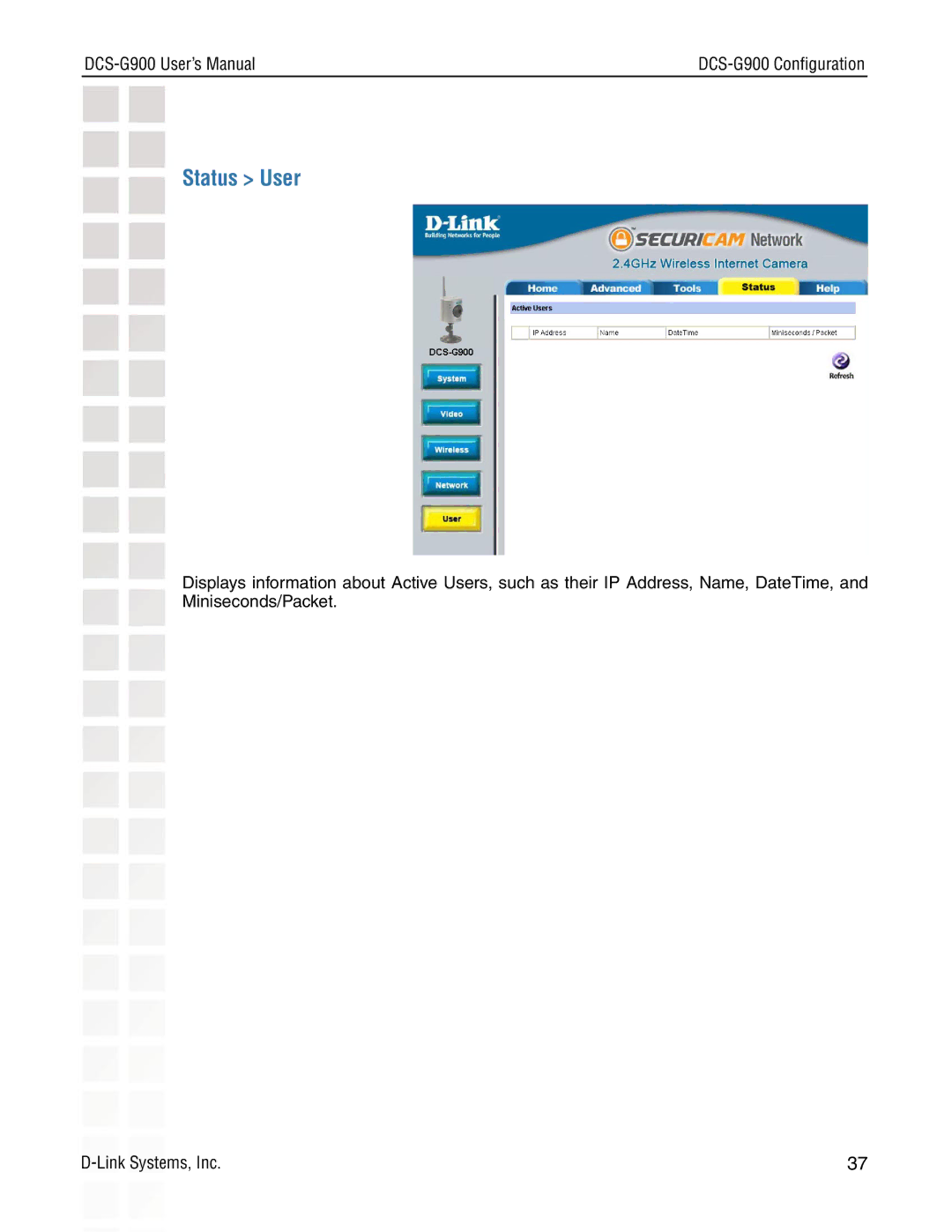 D-Link DCS-G900 manual Status User 