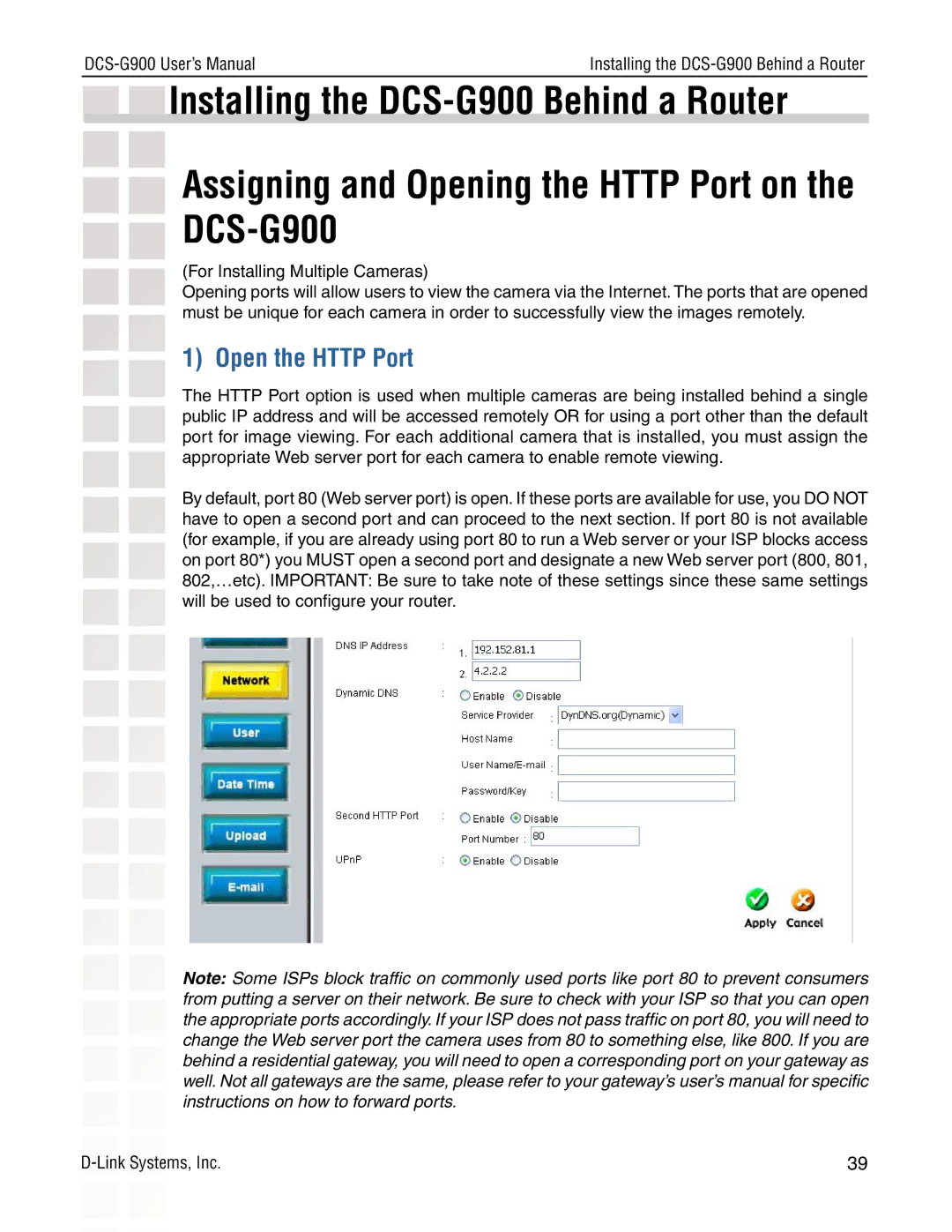 D-Link DCS-G900 manual Open the Http Port 