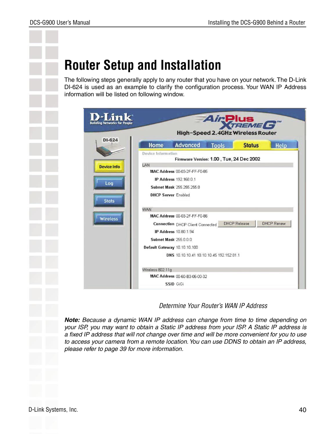 D-Link DCS-G900 manual Router Setup and Installation 