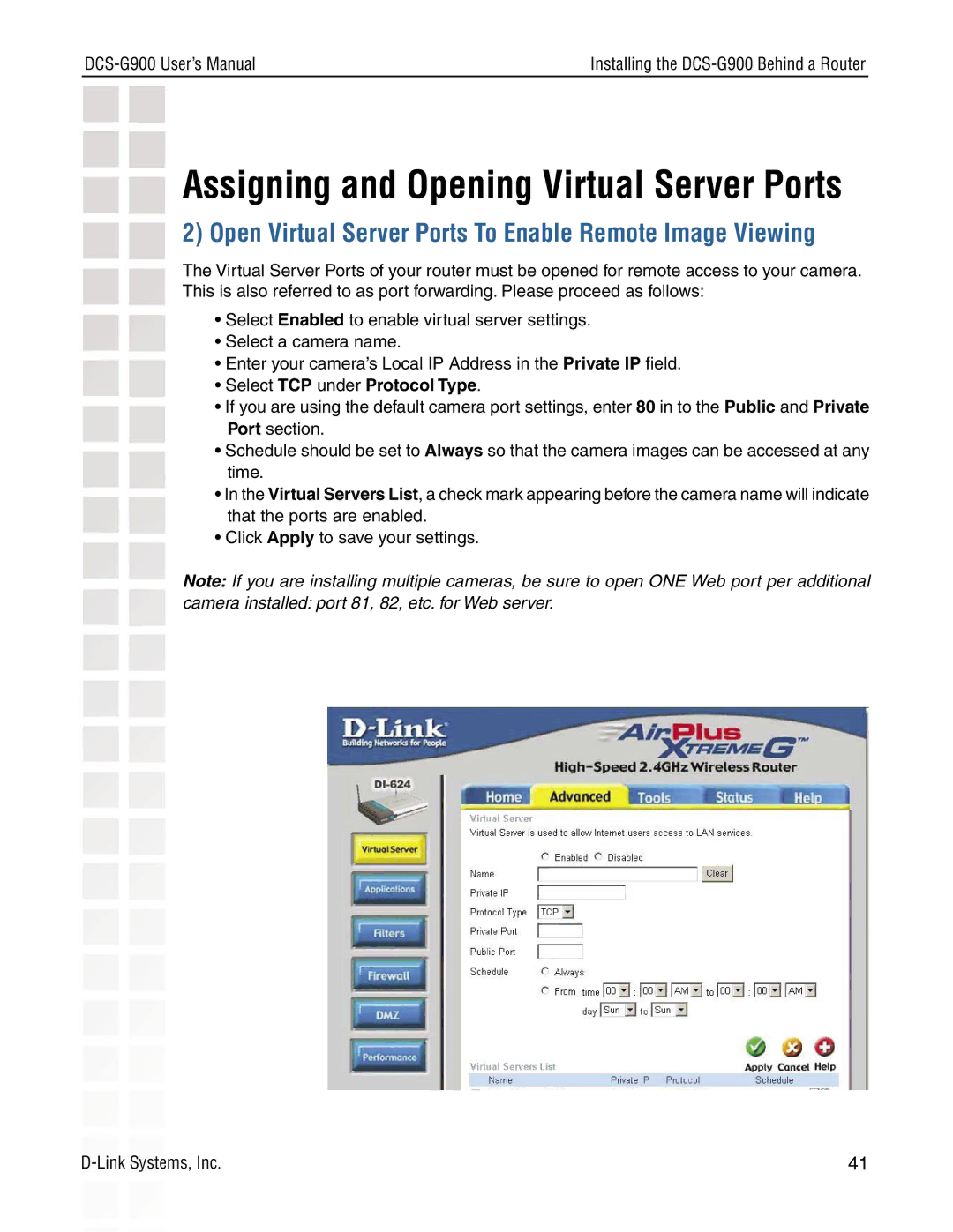 D-Link DCS-G900 manual Open Virtual Server Ports To Enable Remote Image Viewing, Select TCP under Protocol Type 