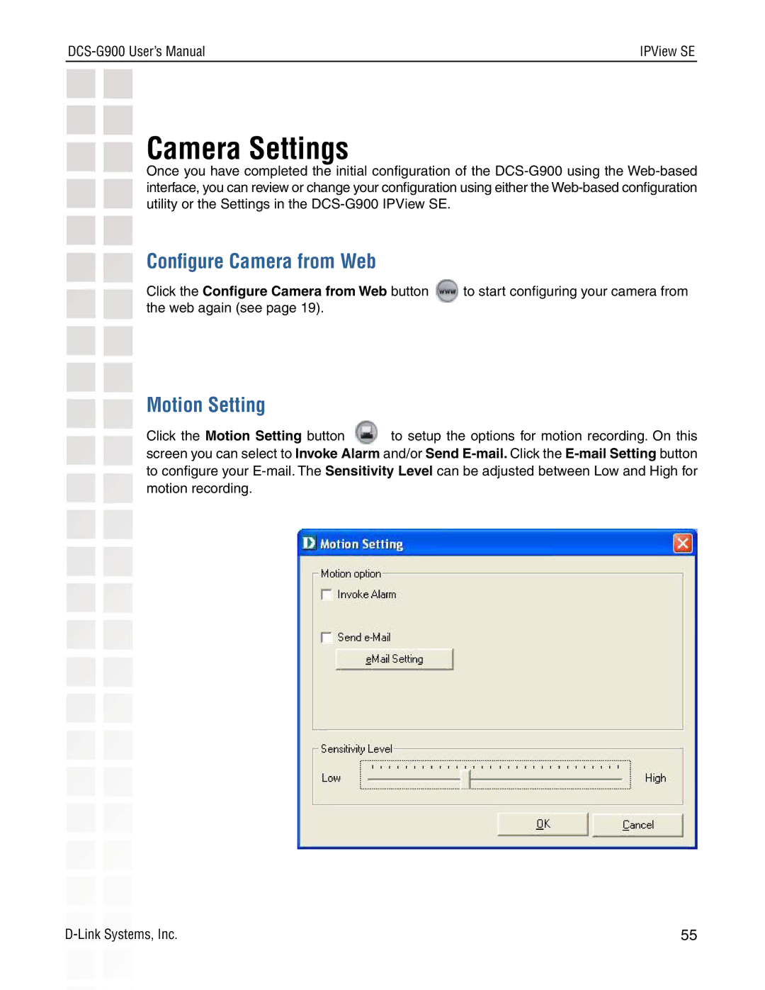 D-Link DCS-G900 manual Camera Settings, Motion Setting, Click the Conﬁgure Camera from Web button 