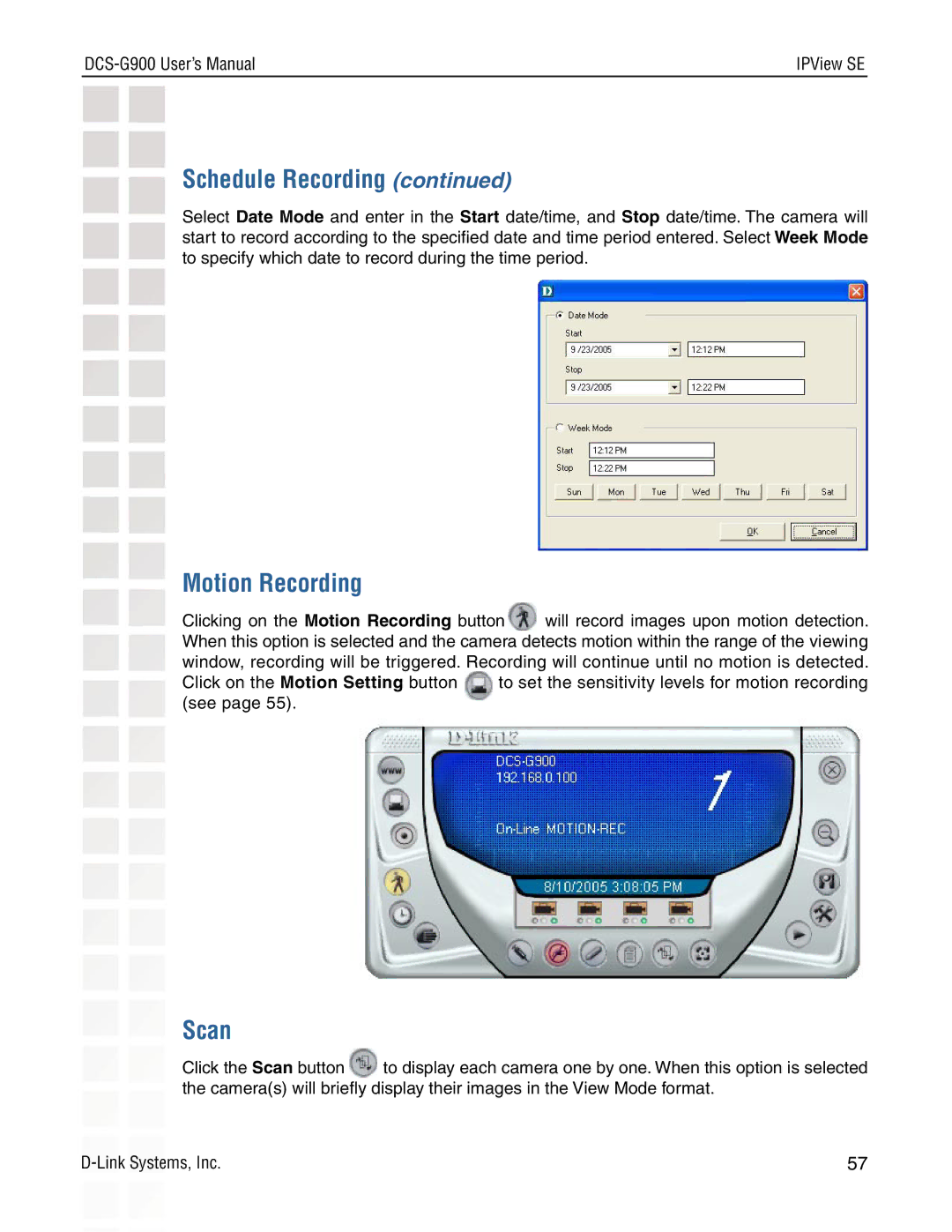 D-Link DCS-G900 manual Motion Recording, Scan 