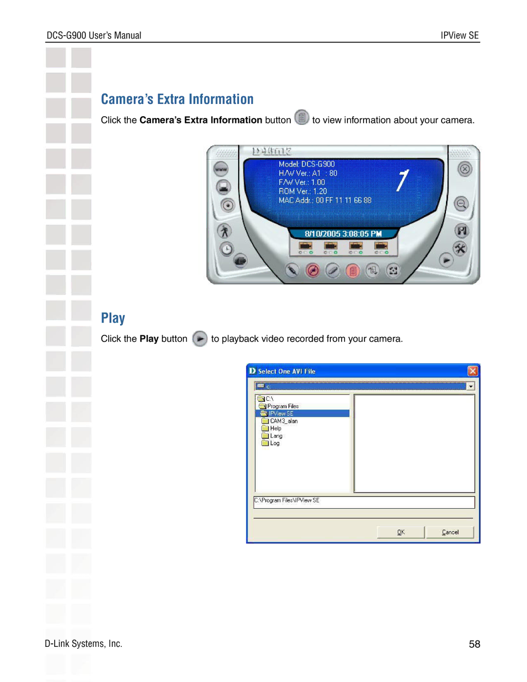 D-Link DCS-G900 manual Camera’s Extra Information, Play 