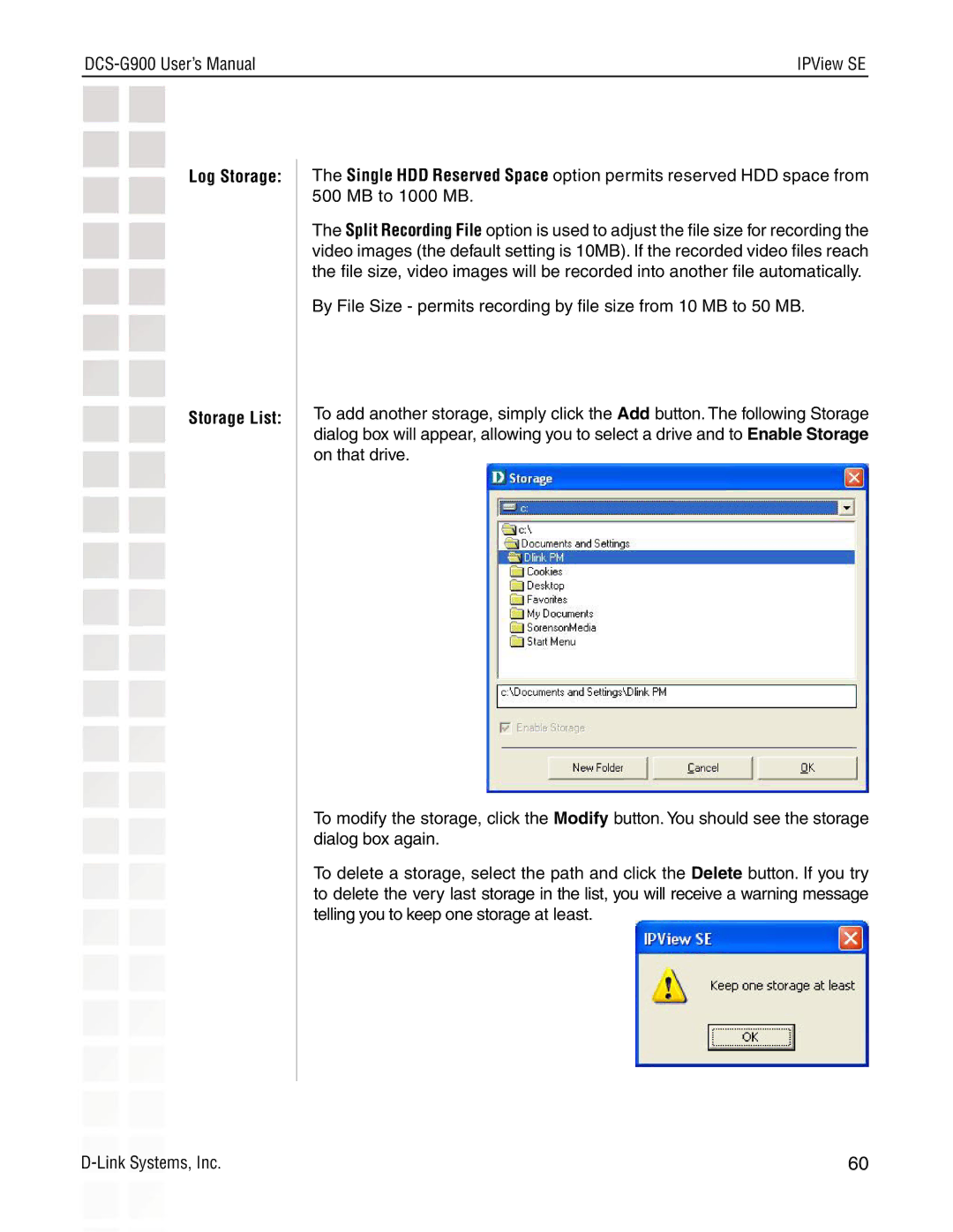 D-Link DCS-G900 manual Log Storage Storage List 