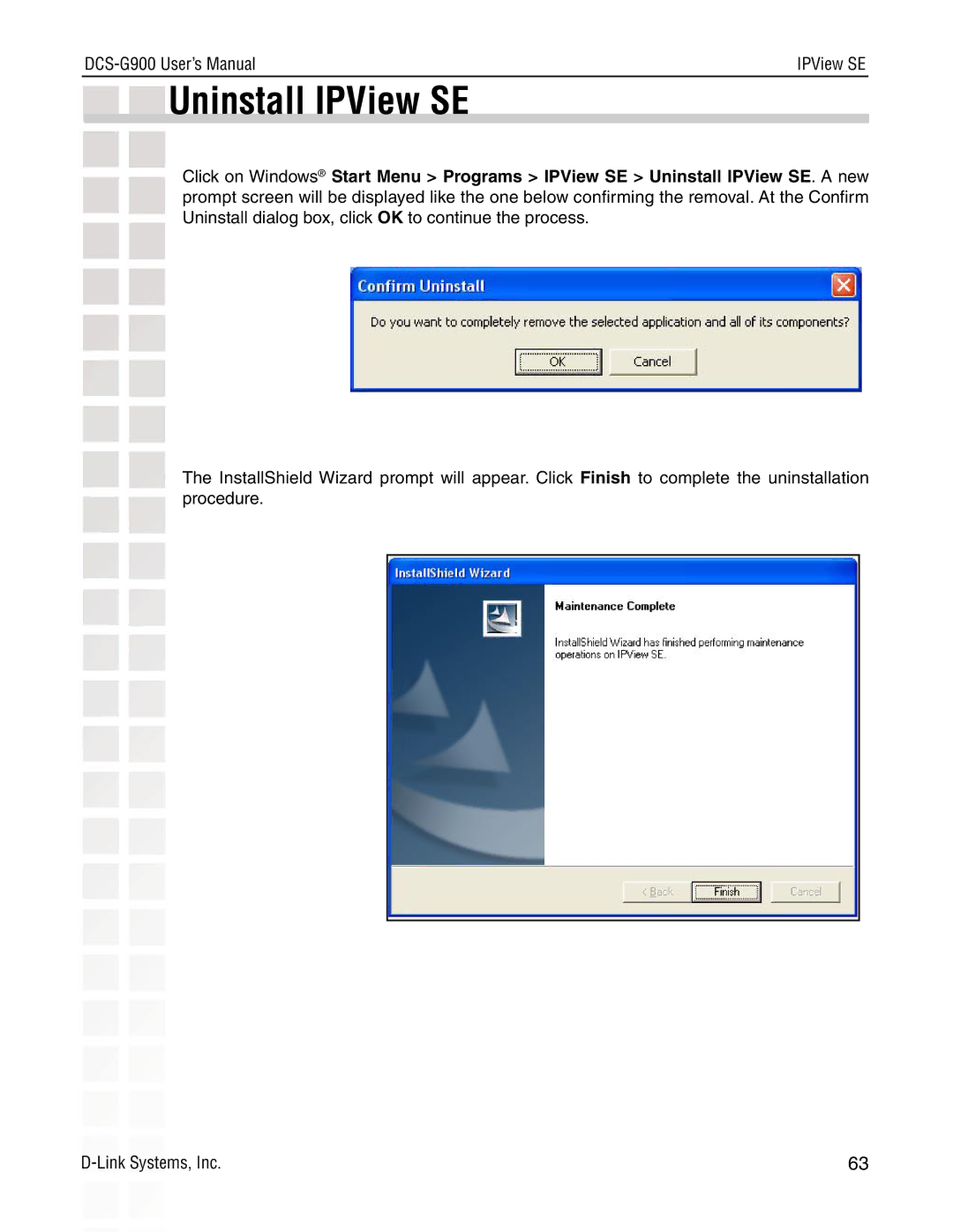 D-Link DCS-G900 manual Uninstall IPView SE 