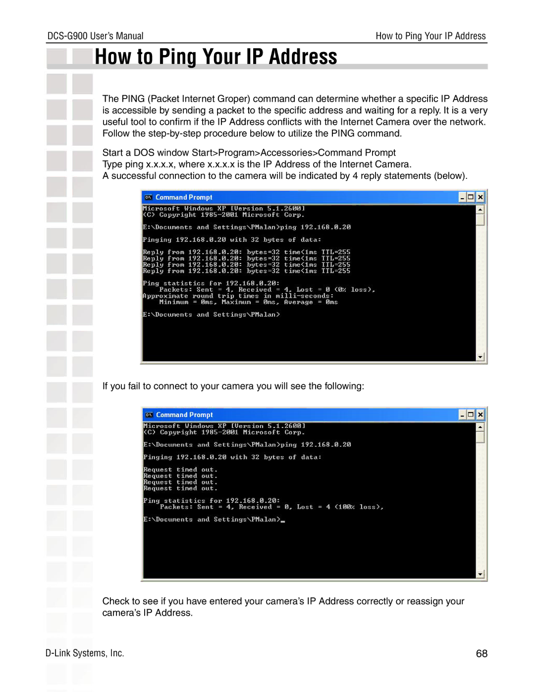 D-Link DCS-G900 manual How to Ping Your IP Address 