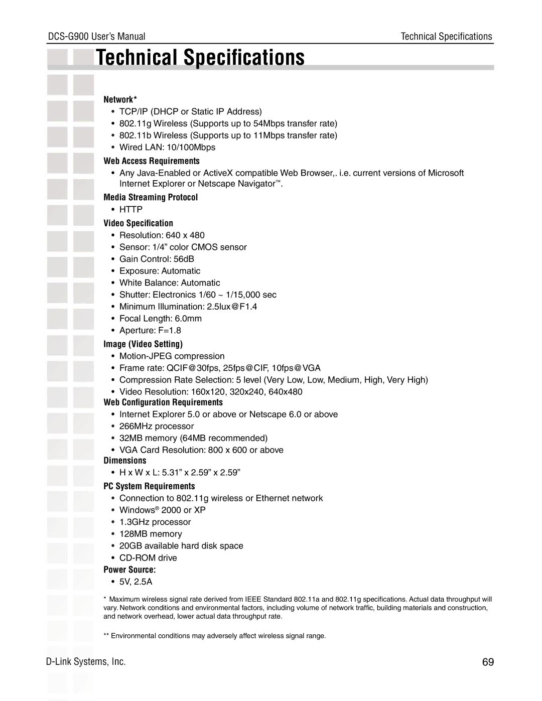 D-Link DCS-G900 manual Technical Speciﬁcations, Network 