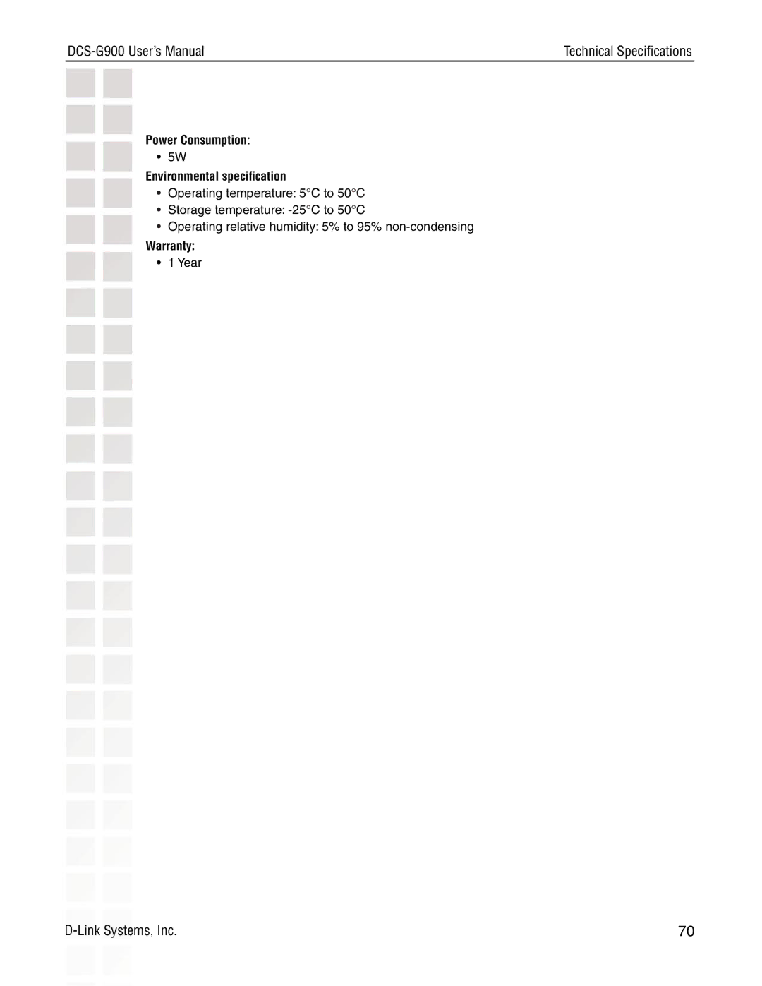 D-Link DCS-G900 manual Power Consumption Environmental speciﬁcation 