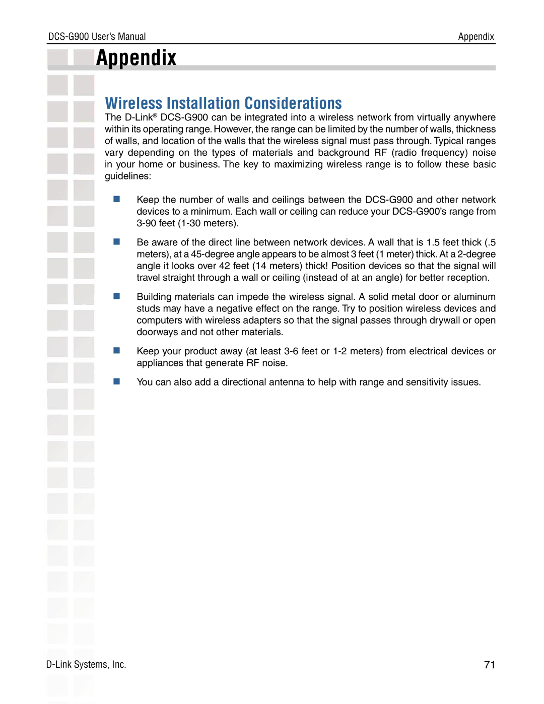 D-Link DCS-G900 manual Appendix, Wireless Installation Considerations 