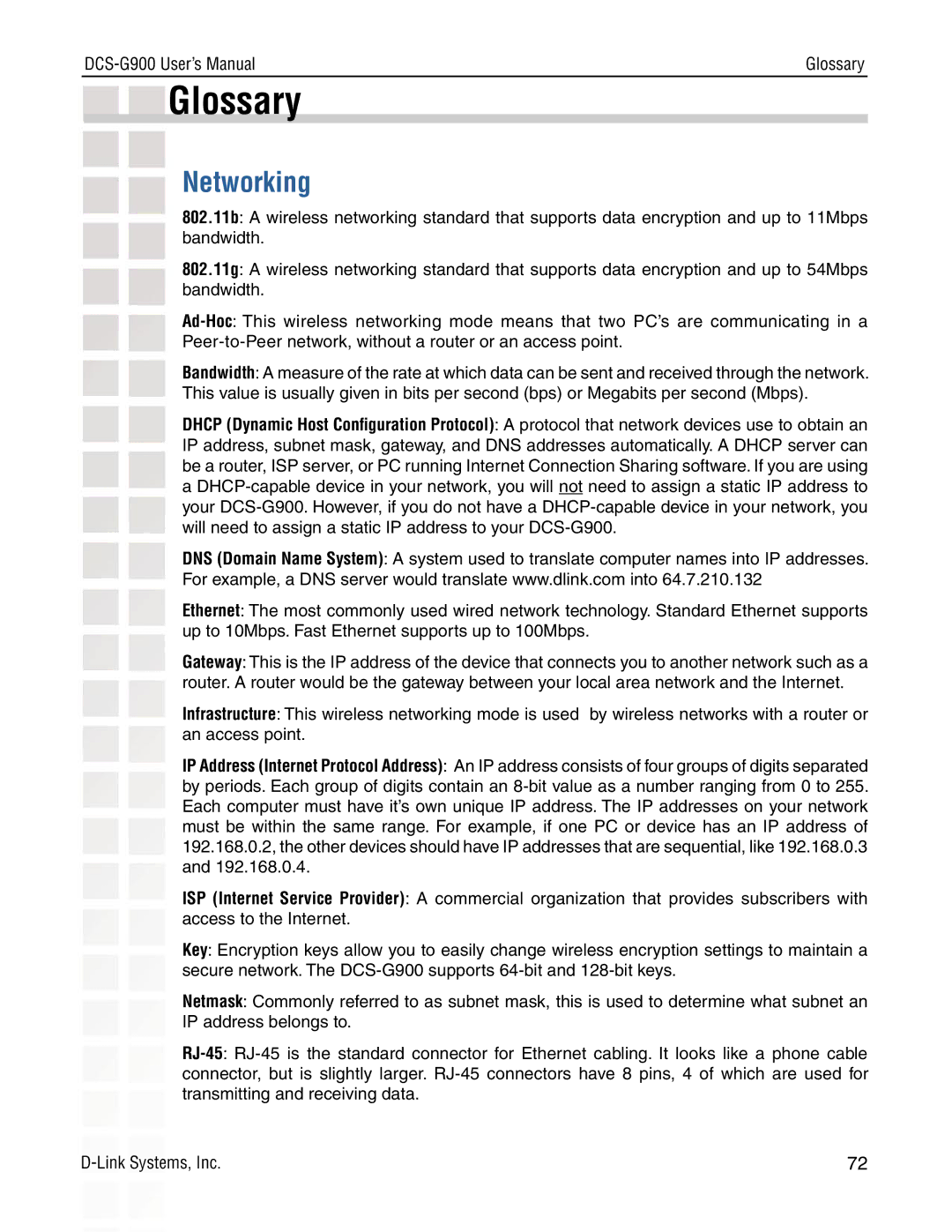 D-Link DCS-G900 manual Glossary, Networking 