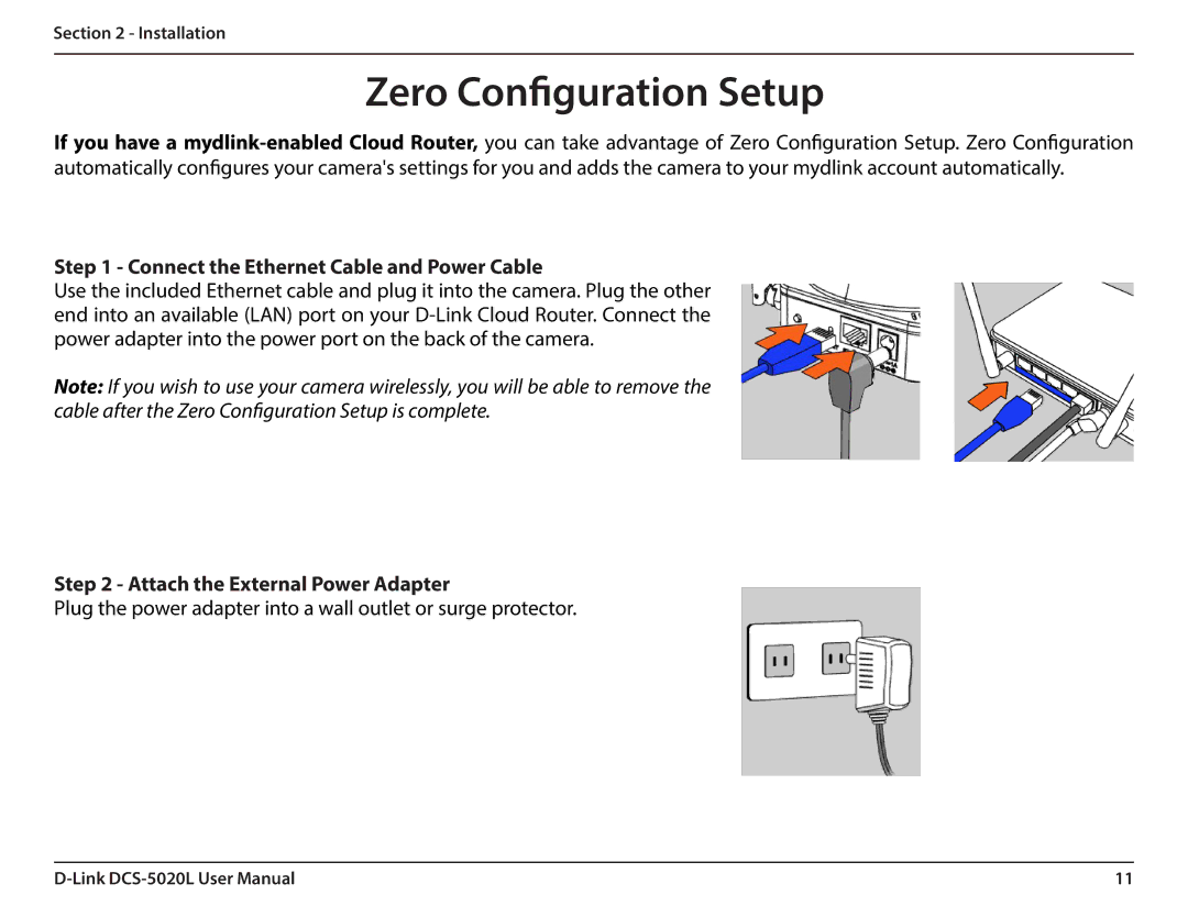 D-Link DCS5020L Zero Configuration Setup, Connect the Ethernet Cable and Power Cable, Attach the External Power Adapter 